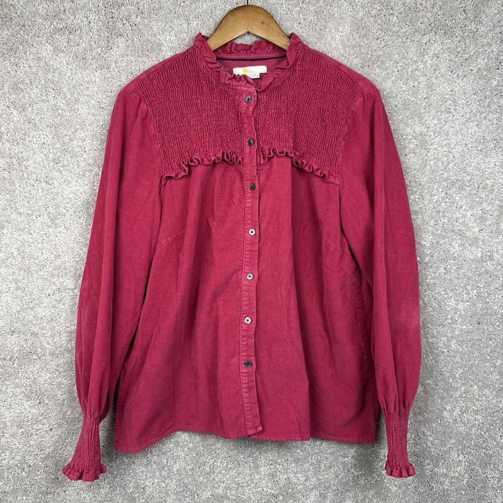 Boden Shirt Womens UK 20/US 16 Pink Denim Smocked‎ Neck Ruffle Ribbed Button Up